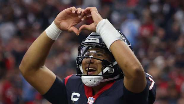 Nov 5, 2023; Houston, Texas, USA; Houston Texans quarterback C.J. Stroud (7) celebrates his touchdown against the Tampa Bay Buccaneers in the fourth quarter at NRG Stadium. 